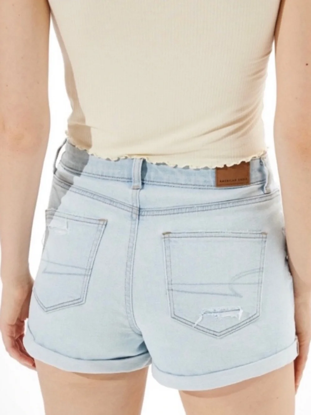 American Eagle Mom Short Distressed Destroyed Stretch High Rise Light Blue 8